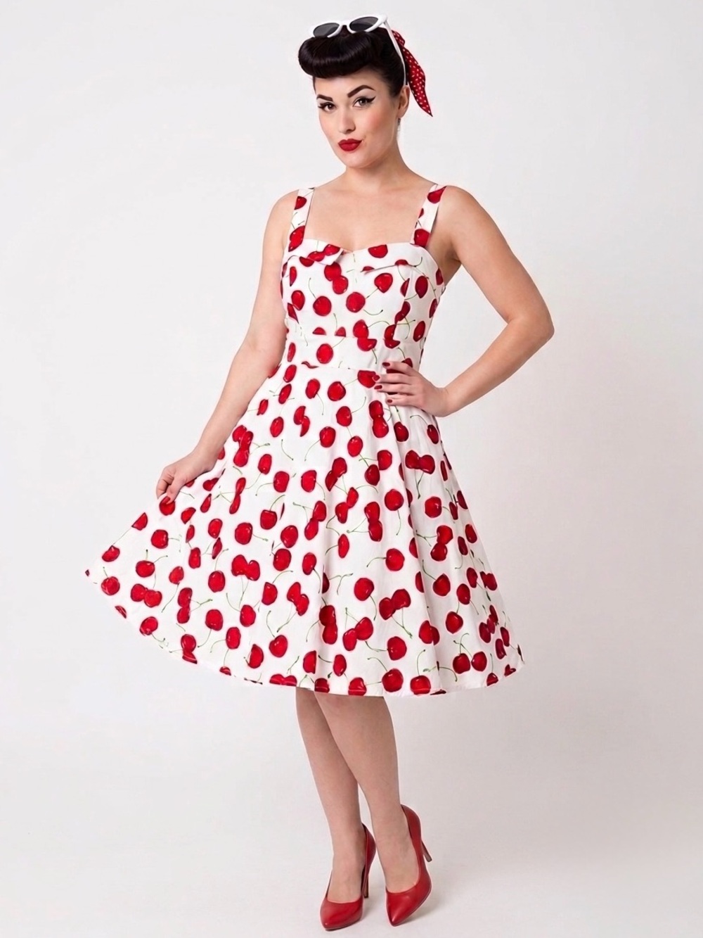Vintage 90s Y2K Cherry Print Fit & Flare Dress Retro Rockabilly Pinup